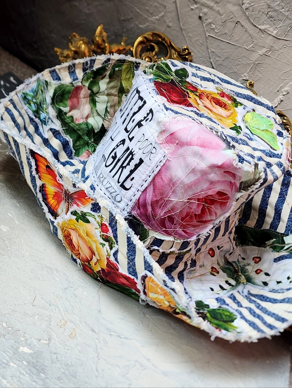 Tophat Stovepipe Hat Upcycle Butterfly Rose Patched European Cotton Raw Cottage